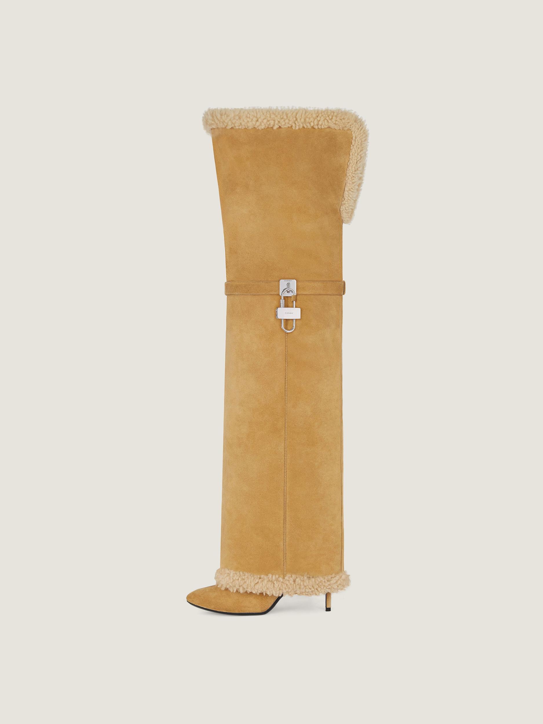 Shark Lock Stiletto boots in suede and shearling Product Image