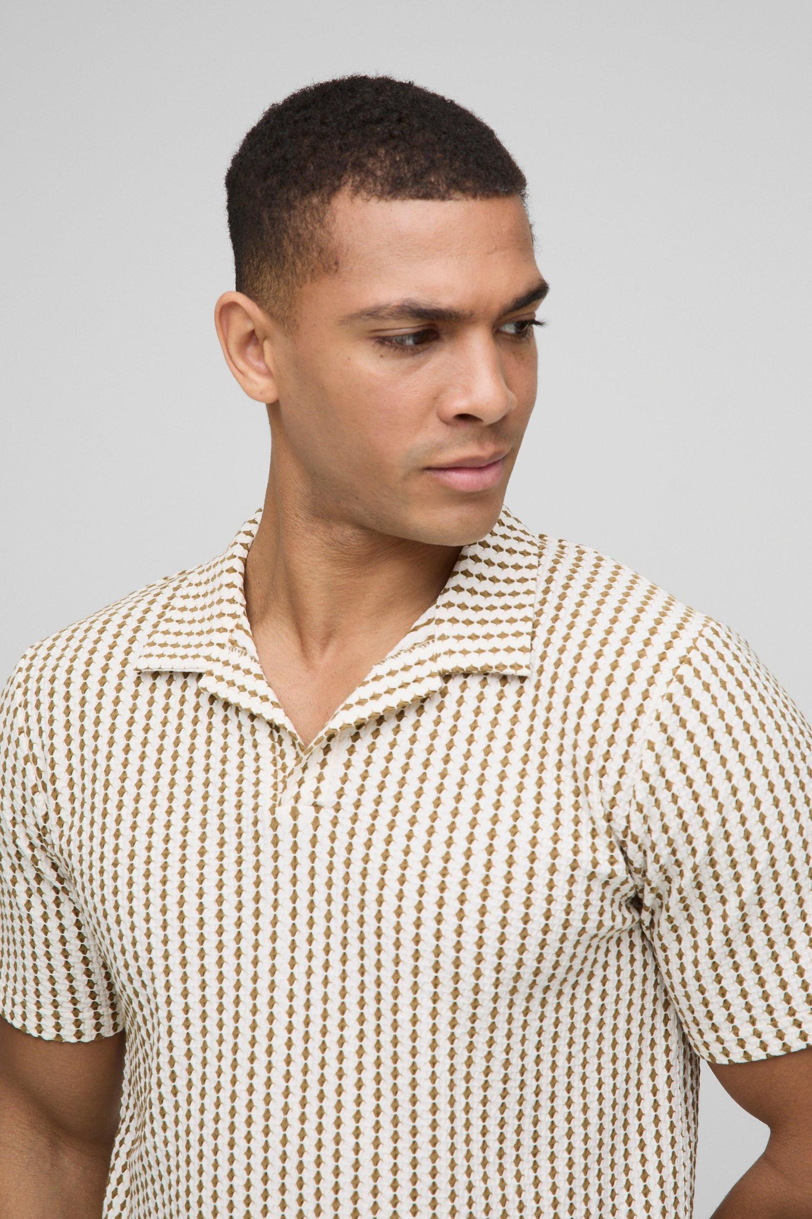 Slim Fit Jacquard Stripe Revere Polo | boohooMAN USA Product Image