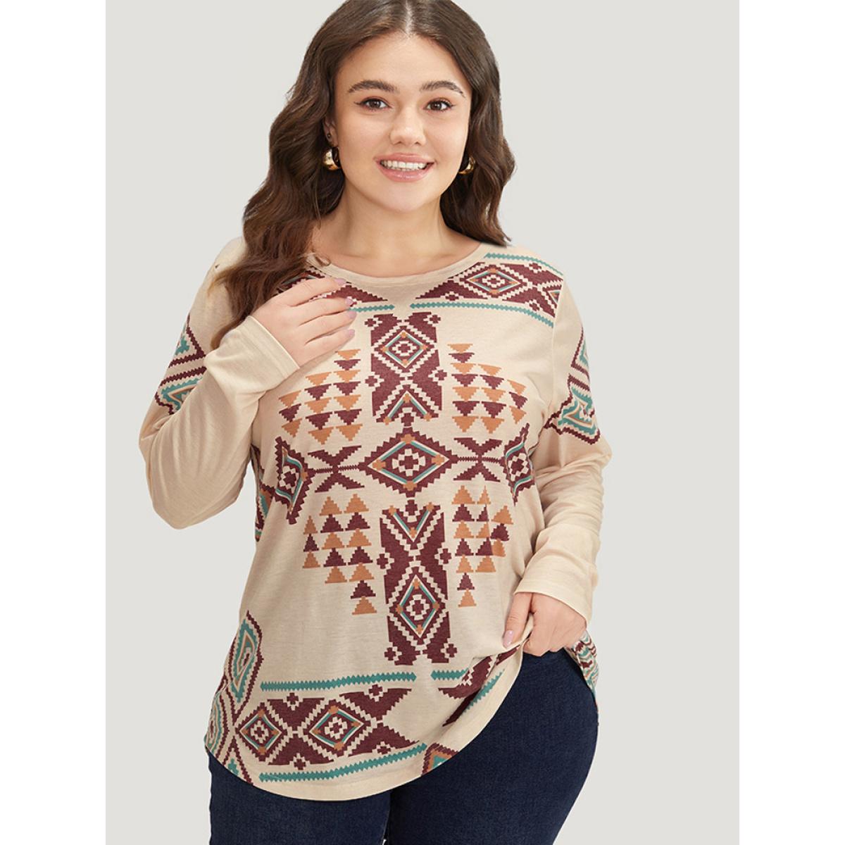 Plus Size Boho Print Crew Neck Curved Hem T-shirt Apricot Women Casual Printed Bohemian Print Round Neck Dailywear T-shirts BloomChic 14-16/1X Product Image