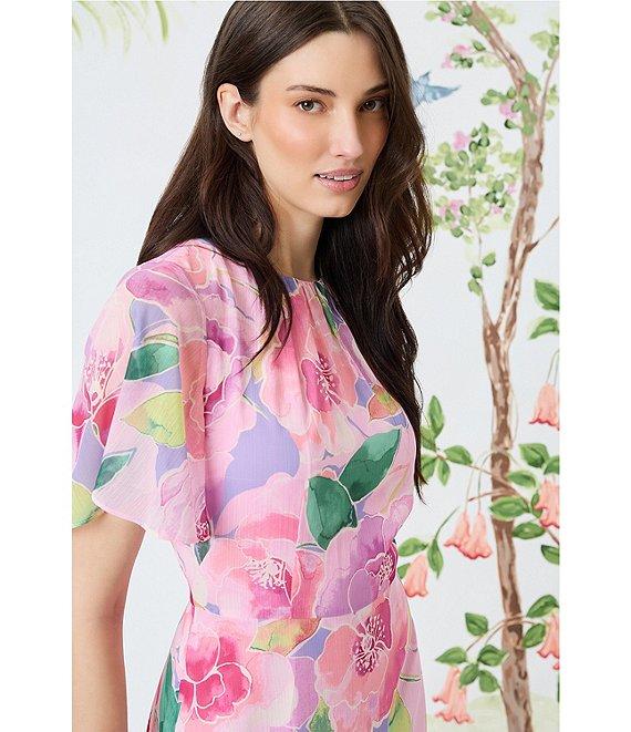 Maggy London Floral Print Short Flutter Sleeve Asymmetrical Hem Dress Product Image