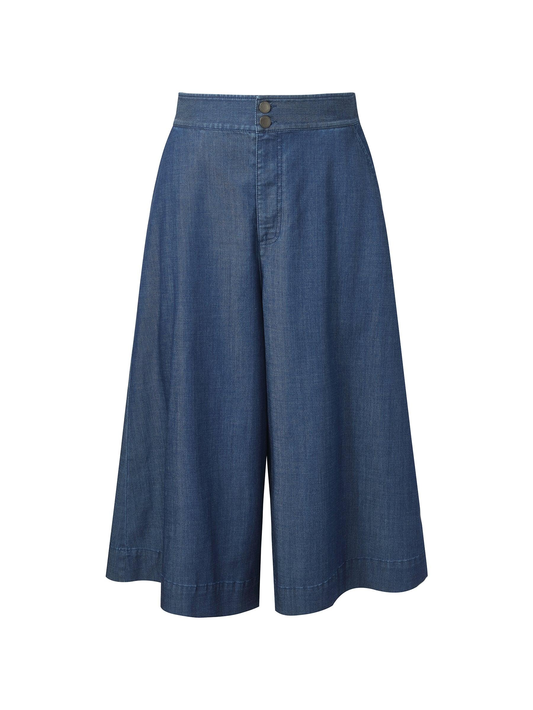 Denim High Waisted Women Wide Leg Cropped Culottes Product Image