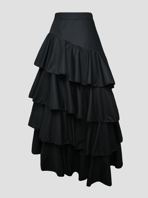 A-Line High Waisted Falbala Solid Color Long Skirts Skirts Bottoms Product Image