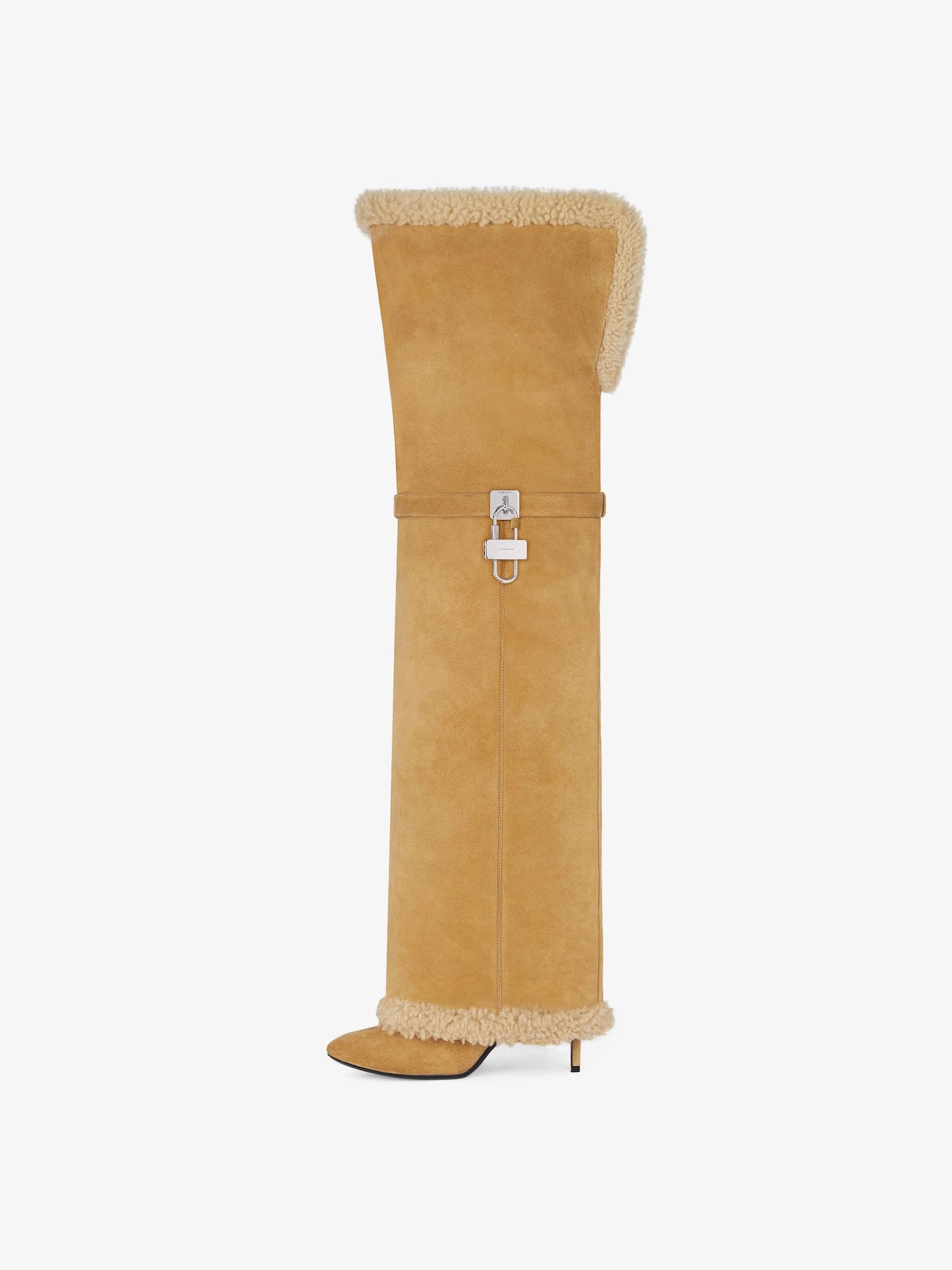 Shark Lock Stiletto boots in suede and shearling Product Image