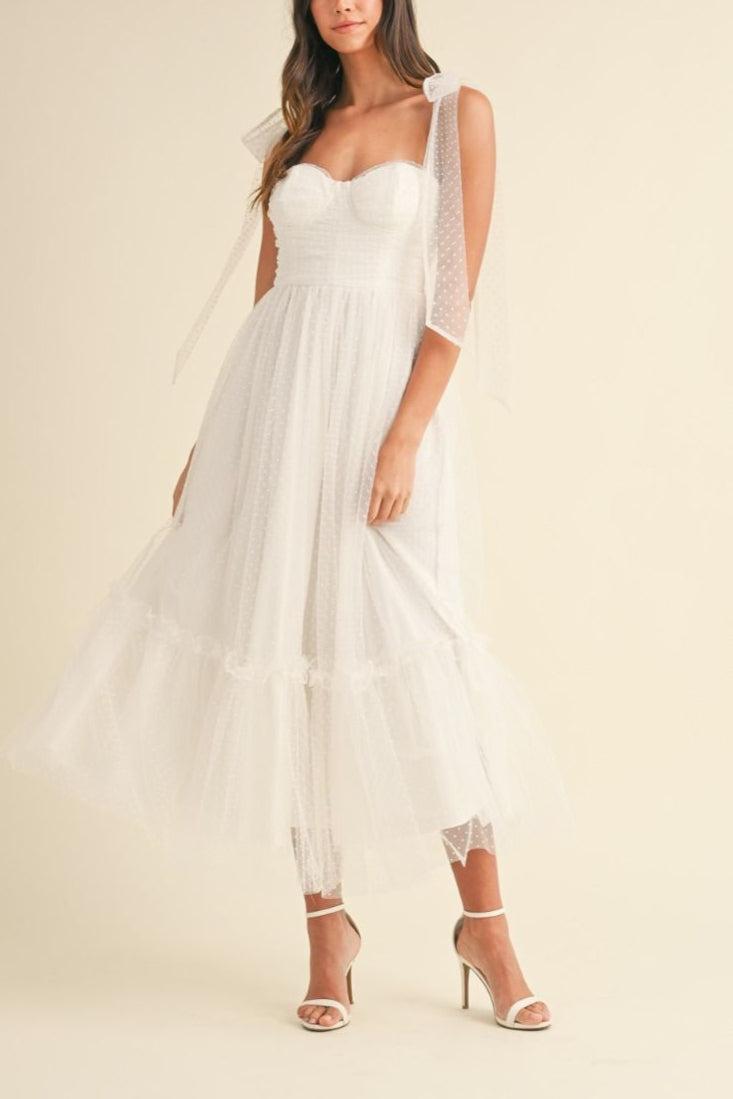 Polka Dot Mesh Tie Shoulder Midi Dress Product Image