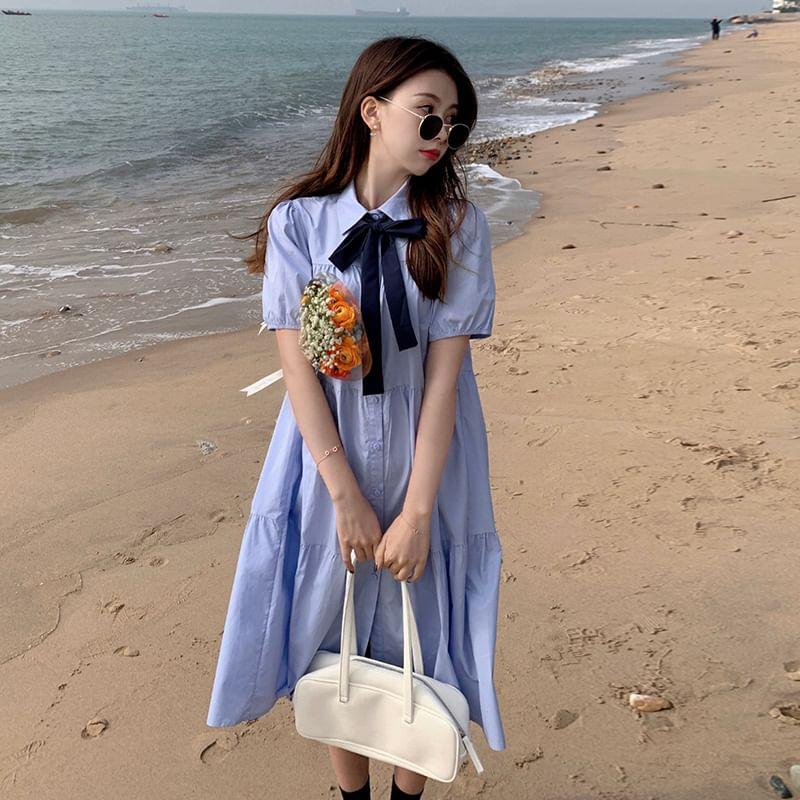 Maternity Short-Sleeve Collared Bow Tie A-Line Shirt Dress Product Image