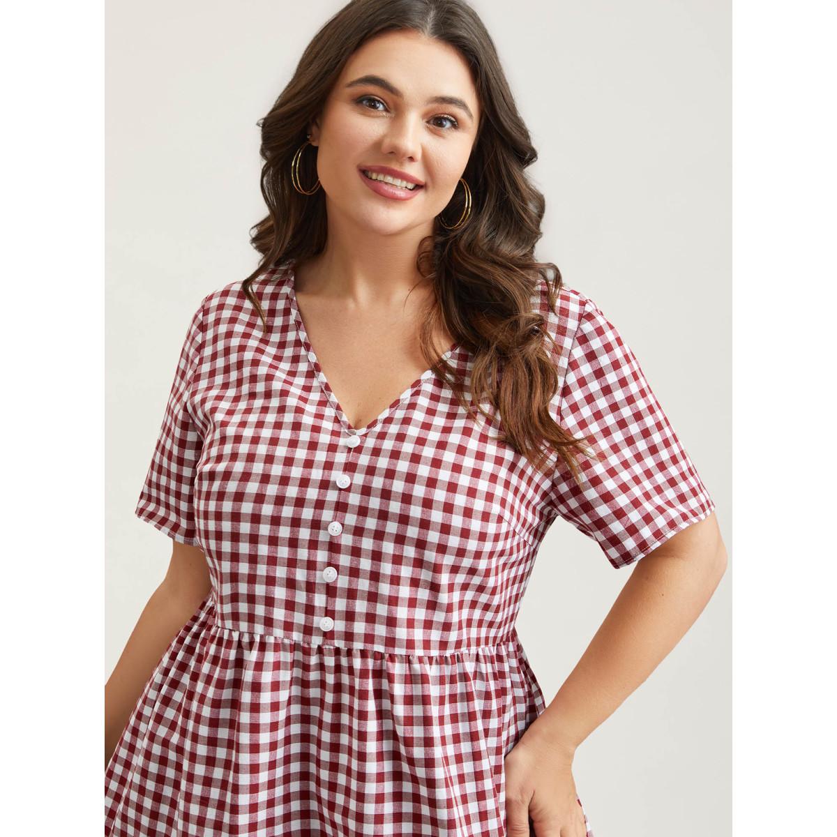 Plus Size Crimson Plaid Hi-Low Hem Button Shirt Women Casual Short sleeve V-neck Everyday Blouses BloomChic 22-24/3X Product Image