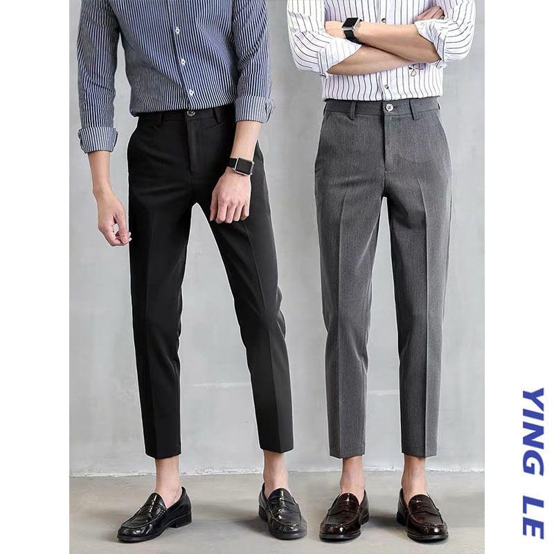 Mid Rise Plain Cropped Tapered Dress Pants Product Image