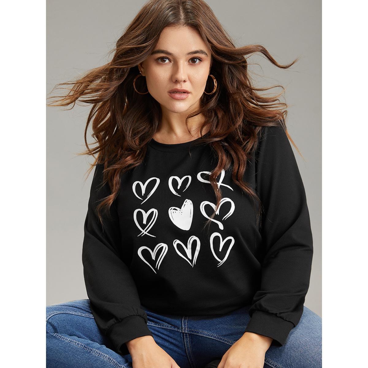 Plus Size Heart Print Round Neck Sweatshirt Women Black Casual Printed Dailywear Sweatshirts BloomChic 10/M Product Image