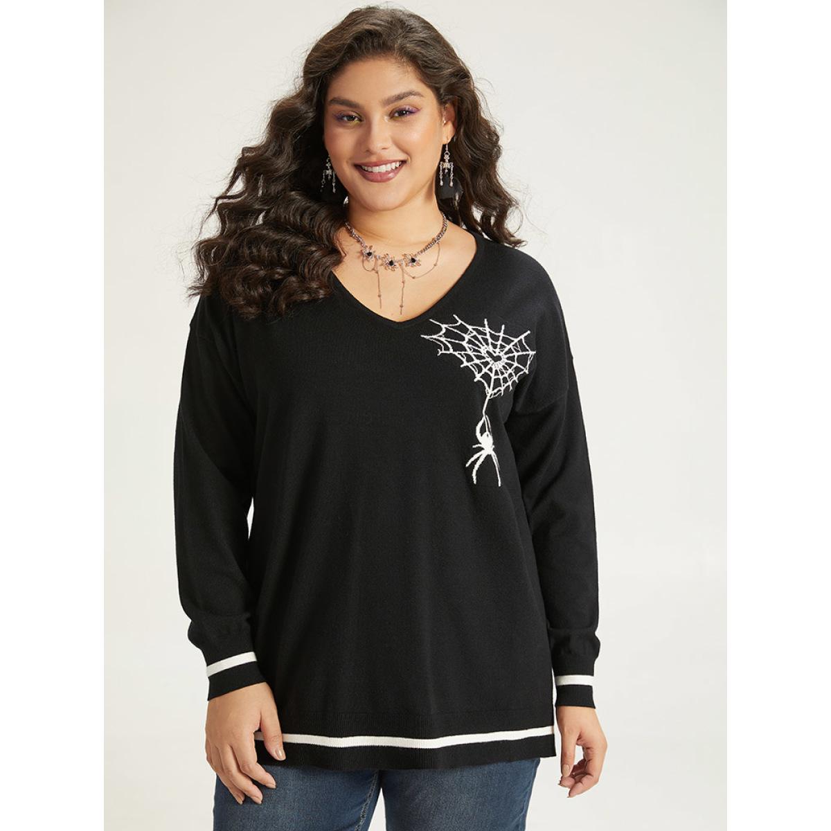 Plus Size Halloween Supersoft Essentials Spider Web Print Contrast Trim Pullover Black Women Casual Loose Long Sleeve V-neck Festival-Halloween Pullovers BloomChic 28/5X Product Image