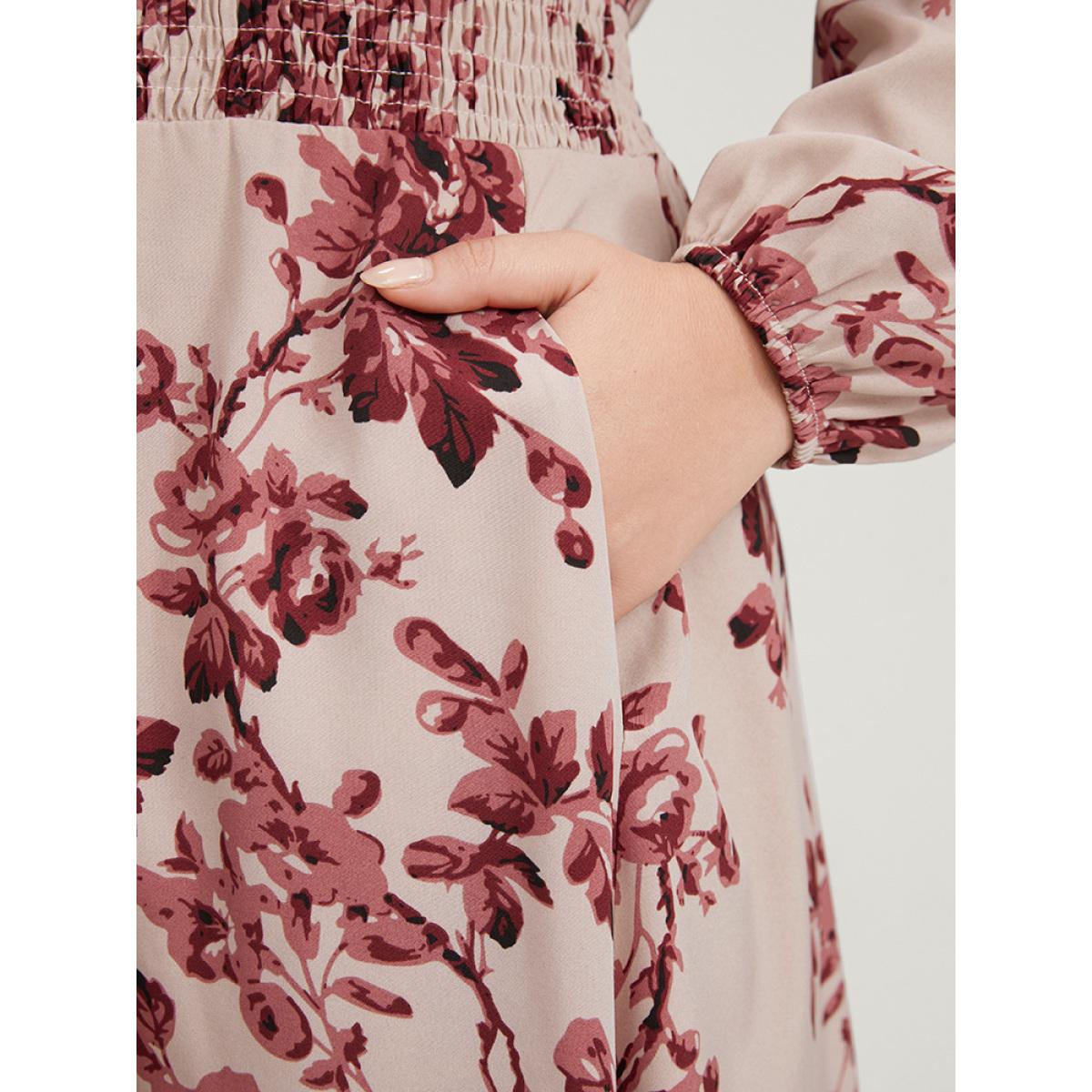 Plus Size Floral Wrap Lantern Sleeve Pocket Shirred Ruffle Hem Dress DustyPink Women Elegant Pocket V-neck Long Sleeve Curvy Midi Dress BloomChic 26/4X Product Image