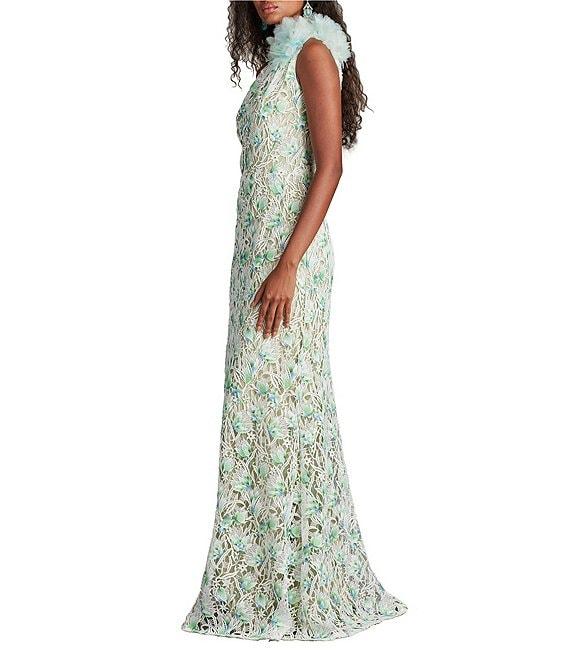 Tadashi Shoji Floral Embroidered Lace Asymmetrical Neck Pom-Pom Shoulder Sheath Gown Product Image