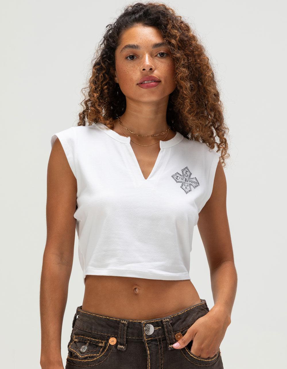 TRUE RELIGION Crystal Logo Crest Womens Notch Crop Baby Tee - WHITE Product Image