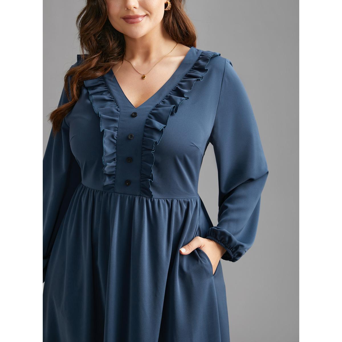 Plus Size Solid Ruffle Trim Elastic Waist Midi Dress DarkSlateGray Women Timeless Frill Trim V-neck Long Sleeve Curvy BloomChic 28/5X Product Image