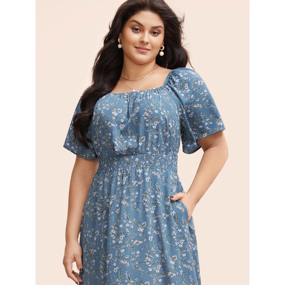 Plus Size Ditsy Floral Pocket Square Neck Shirred Ruffles Dress Stone Women Elegant Non Square Neck Short sleeve Curvy Midi Dress BloomChic 30/6X Product Image