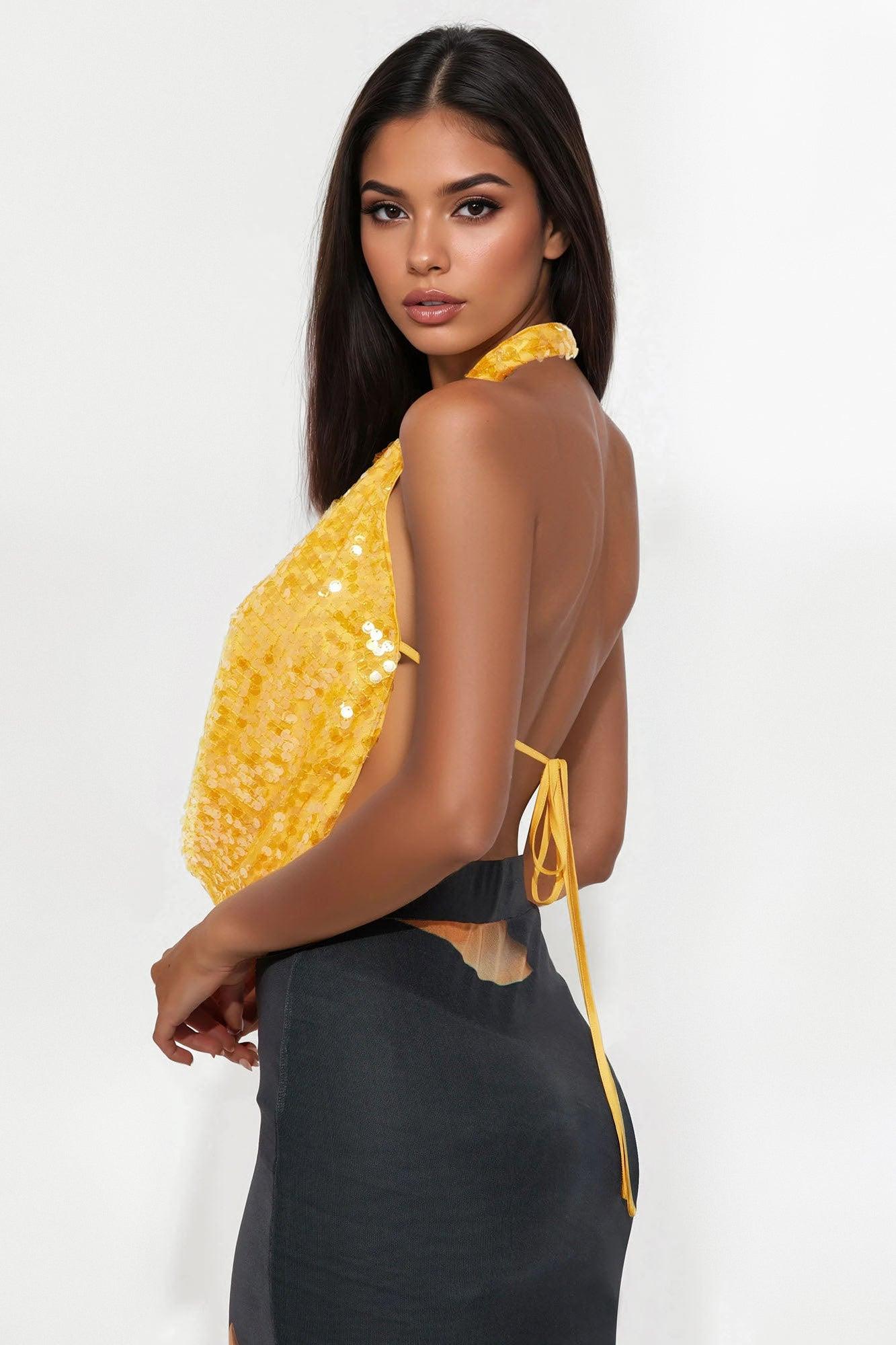 Sunset Skies Sequin Halter Top - Orange Female Product Image