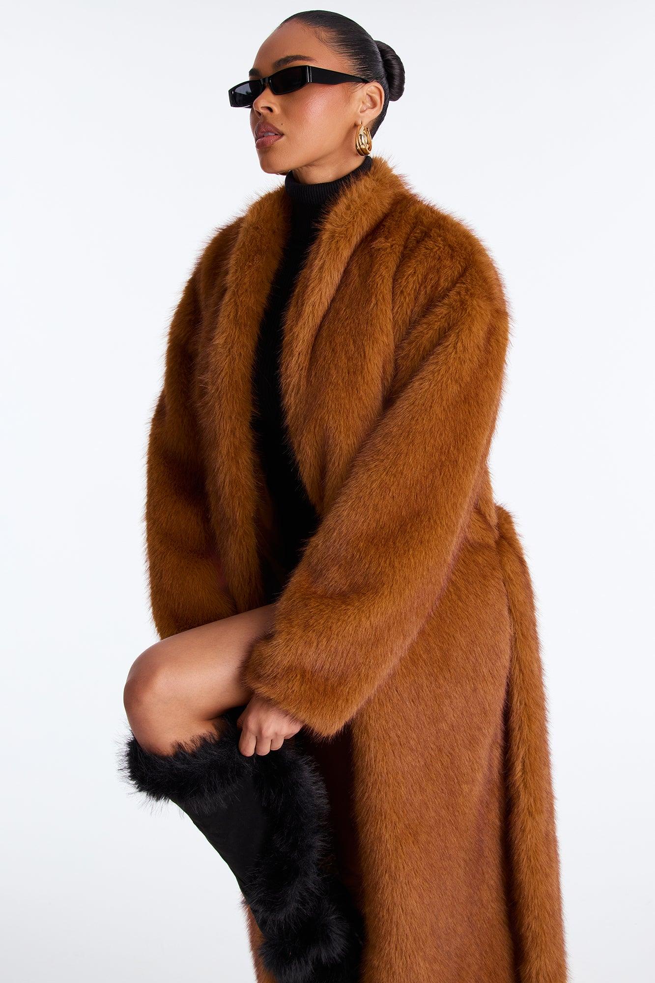 Helena Faux Fur Belted Coat - Cognac Female Product Image
