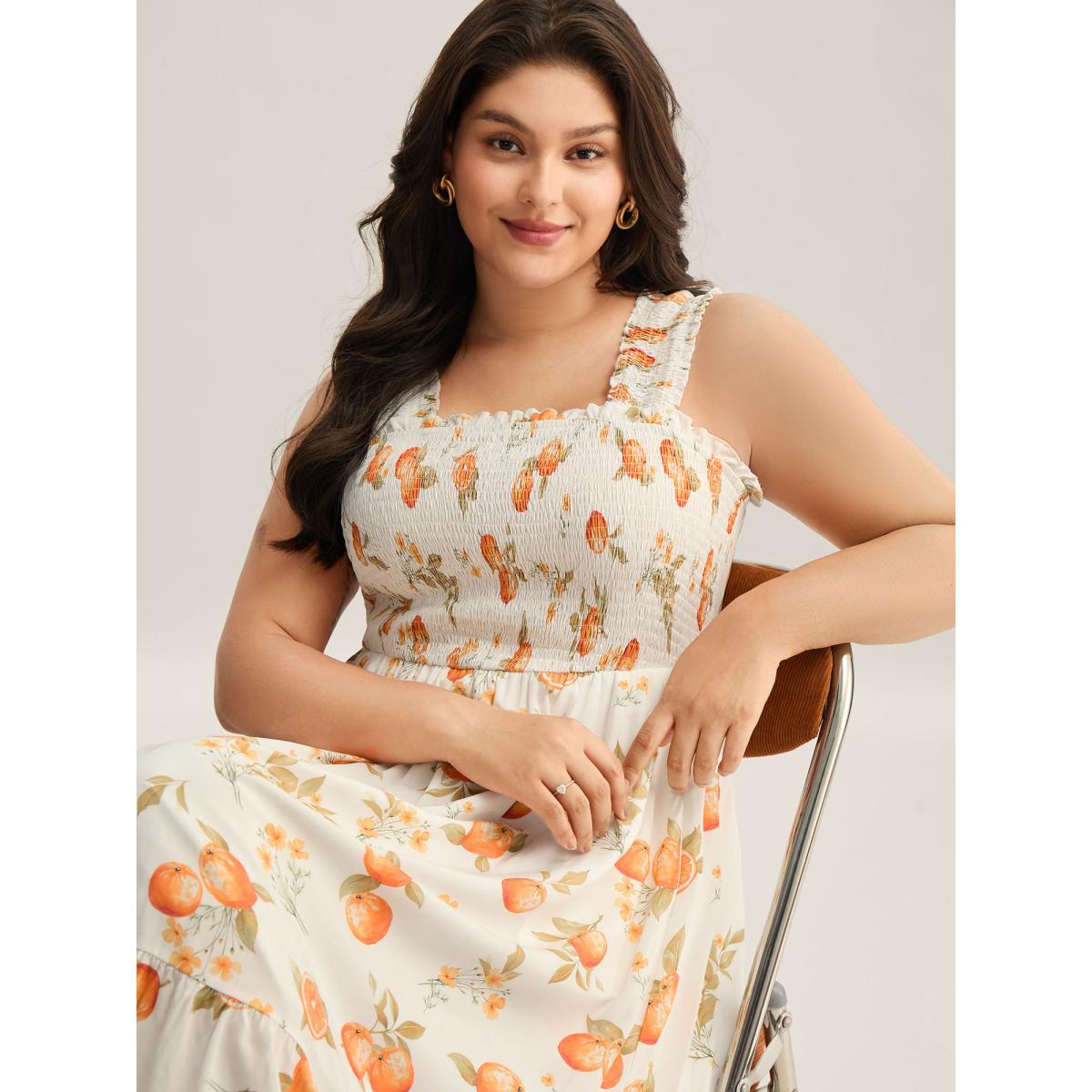 Plus Size Citrus Print Shirred Pockets Midi Dress Originalwhite Women Timeless Non Sleeveless Curvy BloomChic 12/L Product Image