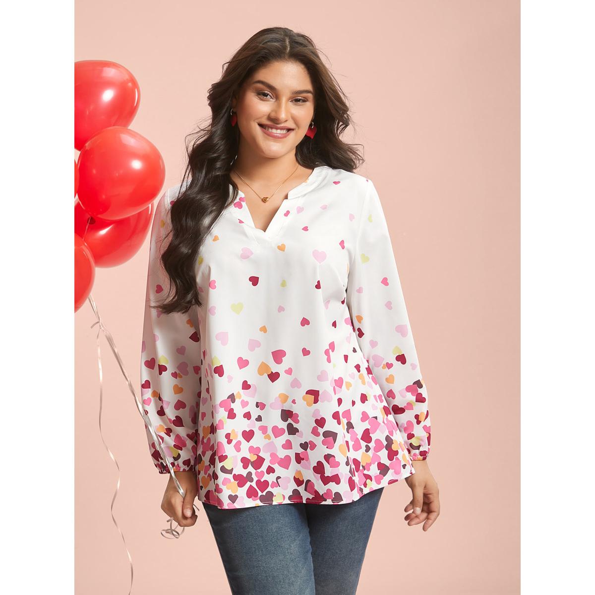 Plus Size WhiteSmoke Notched Collar Multi-Color Hearts Blouse Women Timeless Extra Long Sleeve Flat collar with V-notch Elegant Blouses BloomChic 14-16/1X Product Image