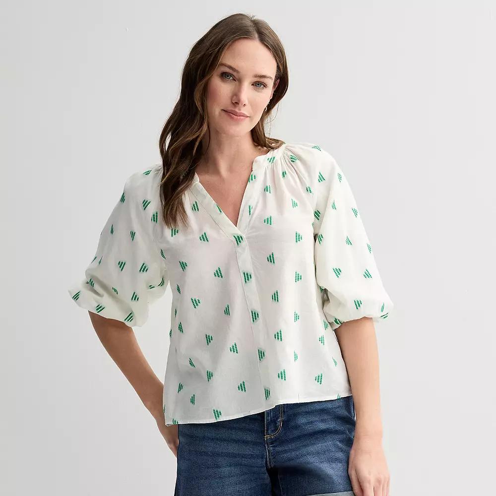 Women's Sonoma Goods For Life® Shirred Balloon Sleeve Y-Neck Top, Size: XXL, Green Dobby Product Image