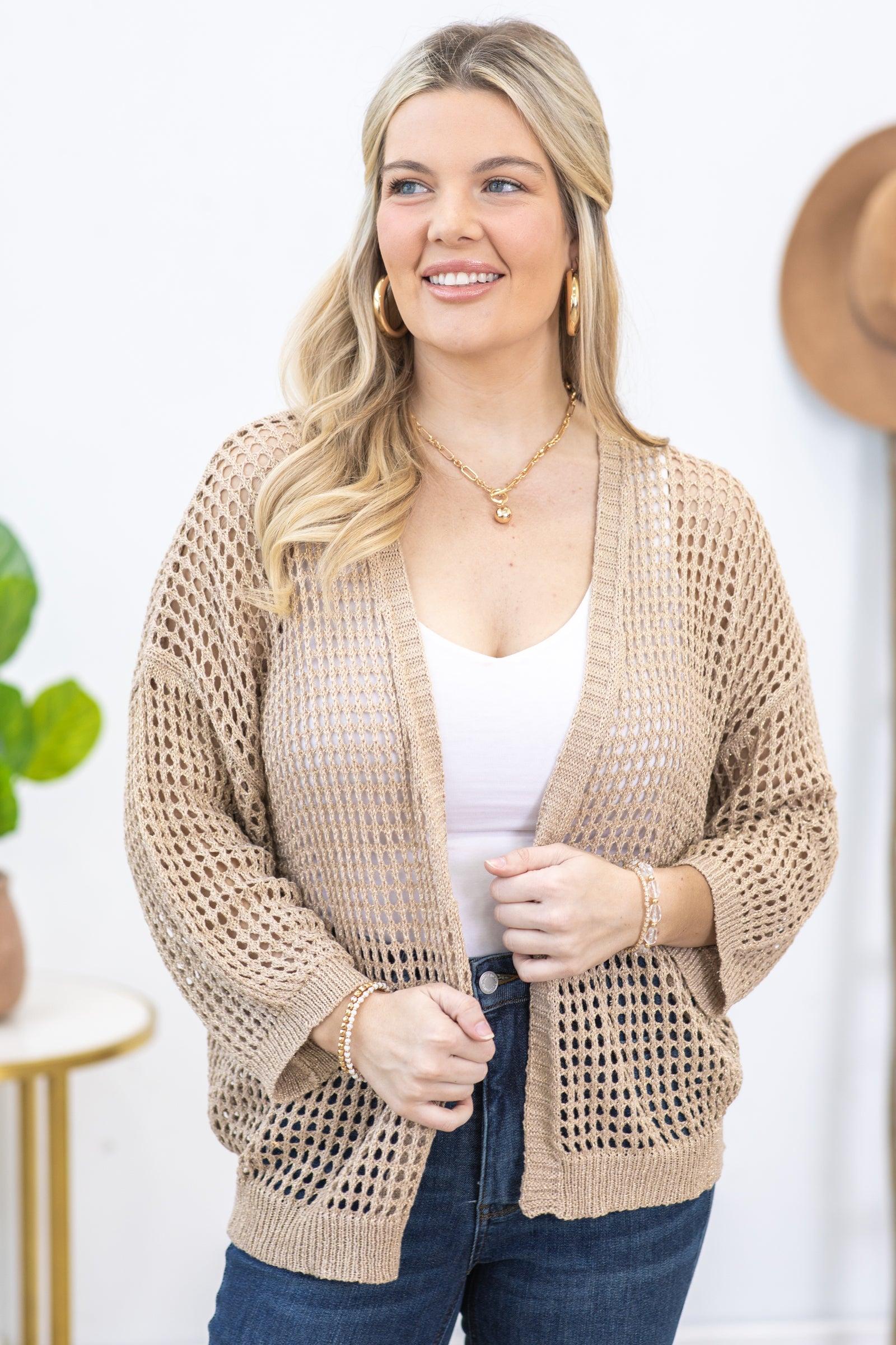 Taupe Crochet Open Cardigan With Lurex Product Image
