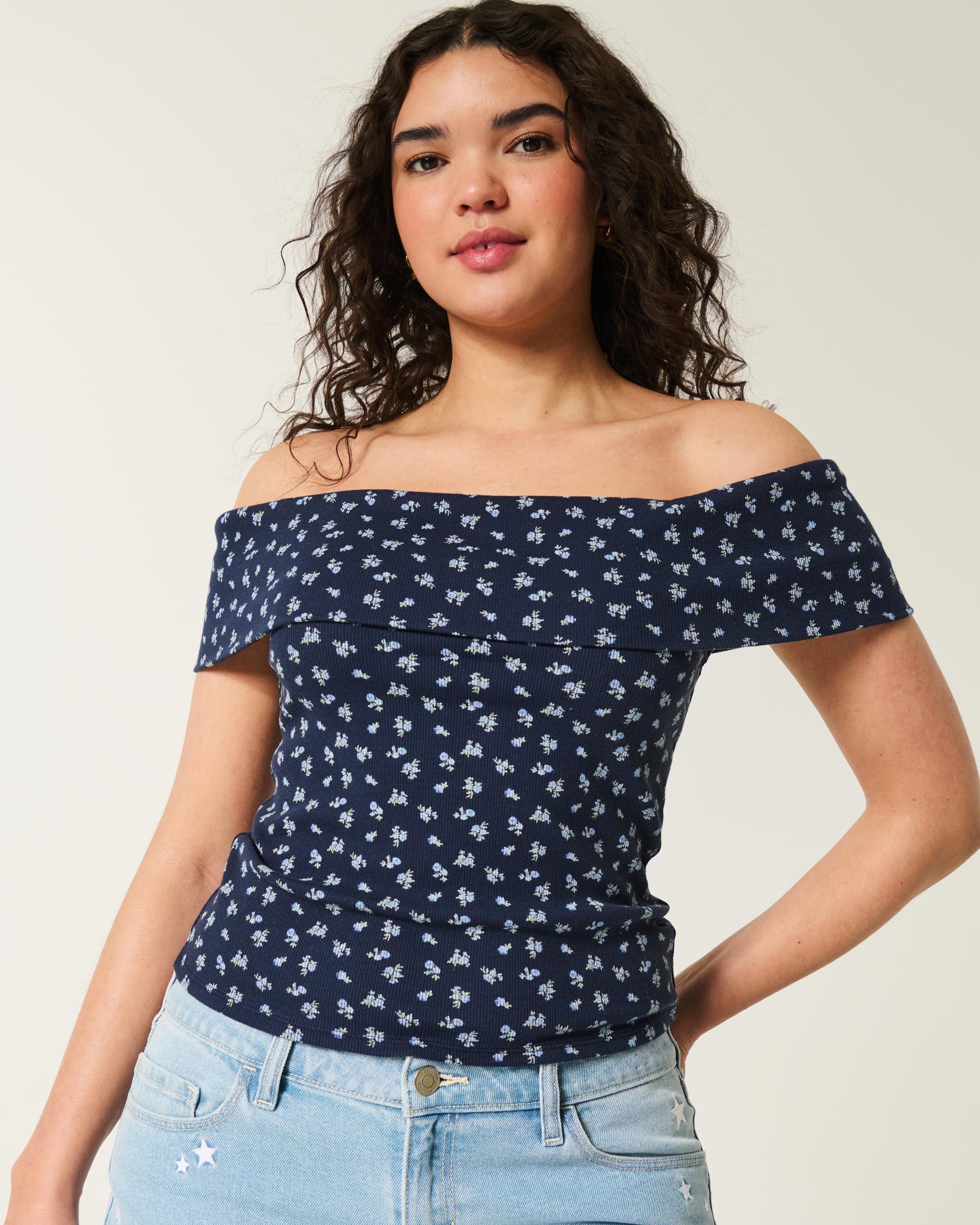 Ribbed Off-the-Shoulder Foldover Top Product Image