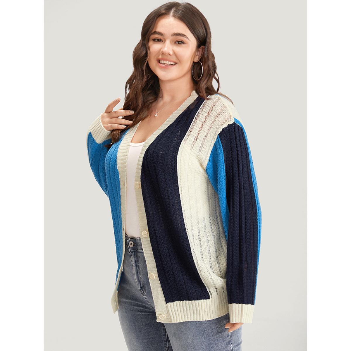 Plus Size Colorblock Contrast Button Down Drop Shoulder Cardigan Blue Women Casual Loose Long Sleeve Everyday Cardigans BloomChic 22-24/3X Product Image