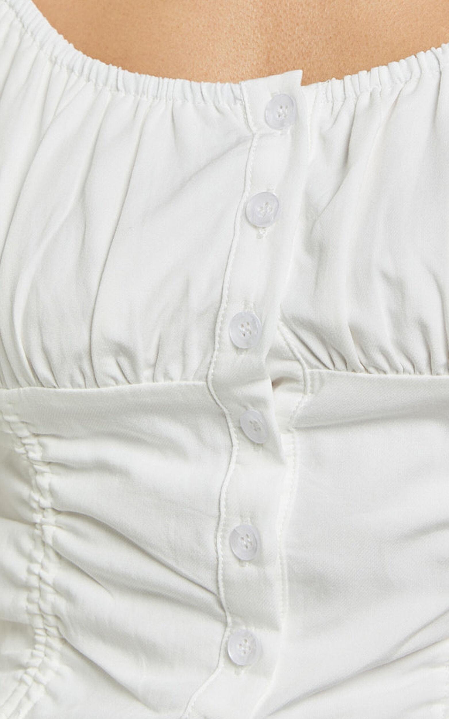 Valerie Top - Puff Sleeve Ruched Button Front Tie Hem Top in White Product Image