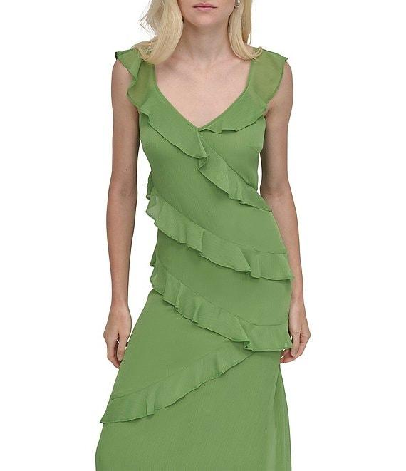 DKNY by Donna Karan Chiffon V Neck Sleeveless Ruffle Sheath Maxi Dress Product Image