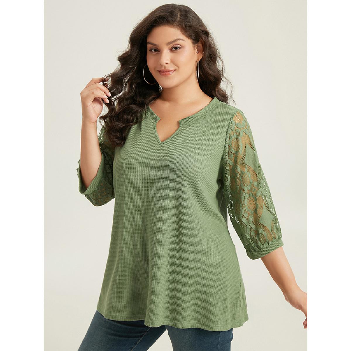 Plus Size Plain Lace Patchwork Notched T-shirt Green Women Elegant Plain Plain Notched collar Dailywear T-shirts BloomChic 14-16/1X Product Image