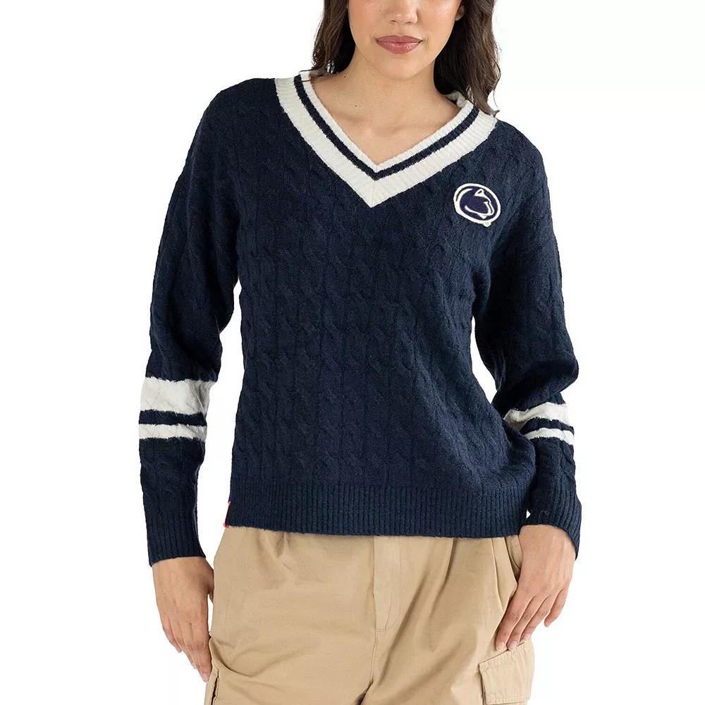 Women's Lusso Navy Penn State Nittany Lions Stella Cable Knit V-Neck Pullover Sweater, Size: XXL, Blue Product Image