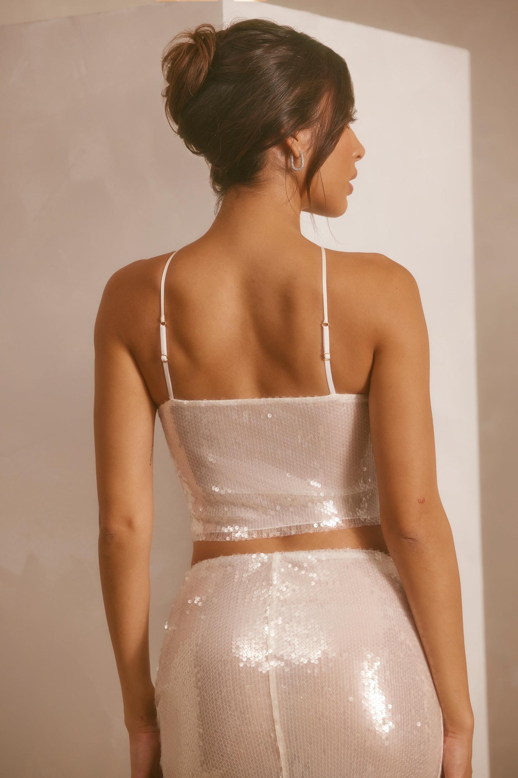 Sheer Sequin Keyhole Cut Out Halter Neck Crop Top in White Product Image