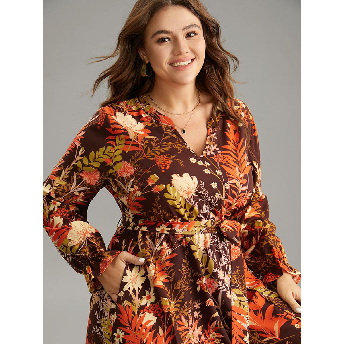 Plus Size Floral Belted Notched Lantern Sleeve Ruffles Dress Burgundy Women Casual Belted Notched collar Long Sleeve Curvy Midi Dress BloomChic 30/6X Product Image