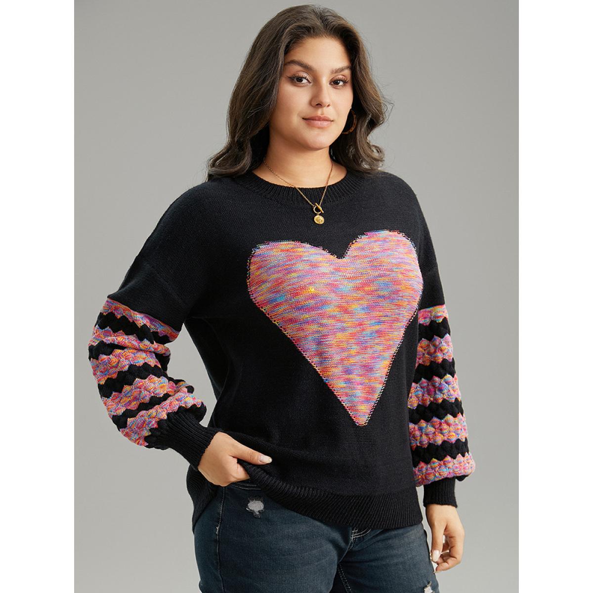Plus Size Heart Heather Patchwork Crew Neck Pullover Black Women Casual Loose Long Sleeve Round Neck Everyday Pullovers BloomChic 14-16/1X Product Image