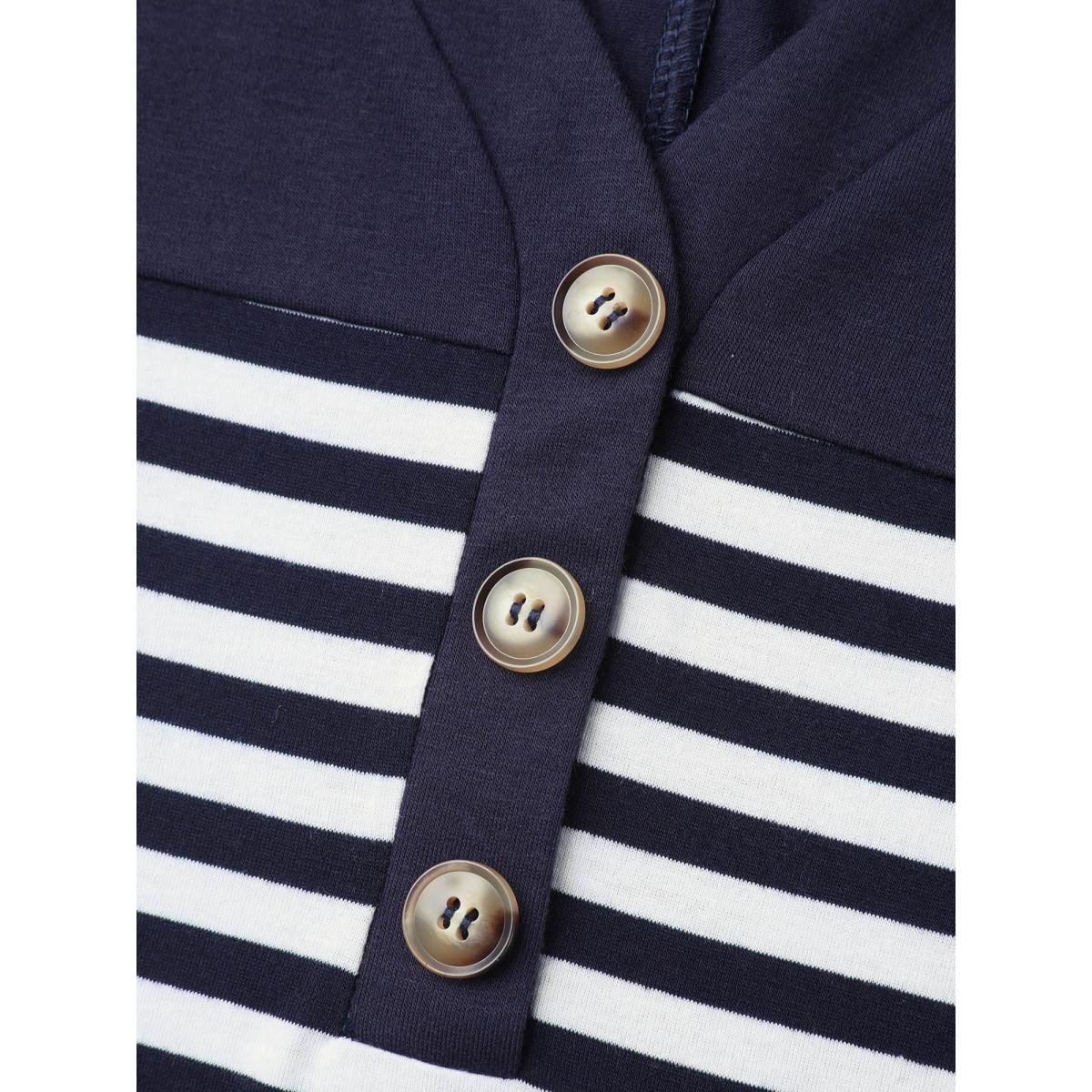 Plus Size Stretchy Striped Button Front T-Shirt Indigo Women Casual Contrast V-neck Everyday T-shirts BloomChic 26/4X Product Image