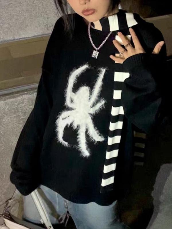 Plush Spider Print Loose Sweater Product Image