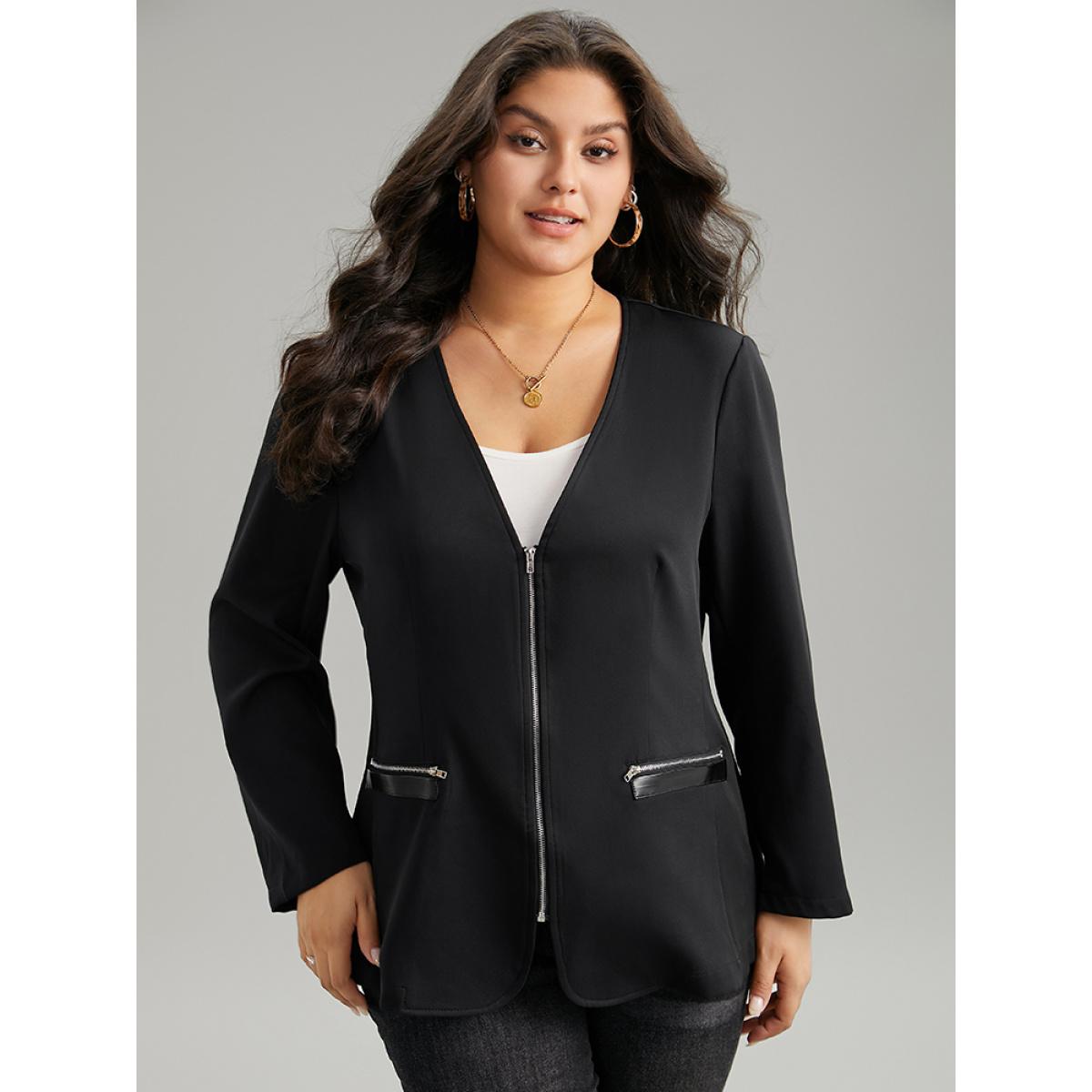 Plus Size Solid Zipper Fly Pocket Blazer Black Women Everyday Plain Plain Sleeve Long Sleeve Open Front 10/M Pocket Casual Blazers BloomChic Product Image