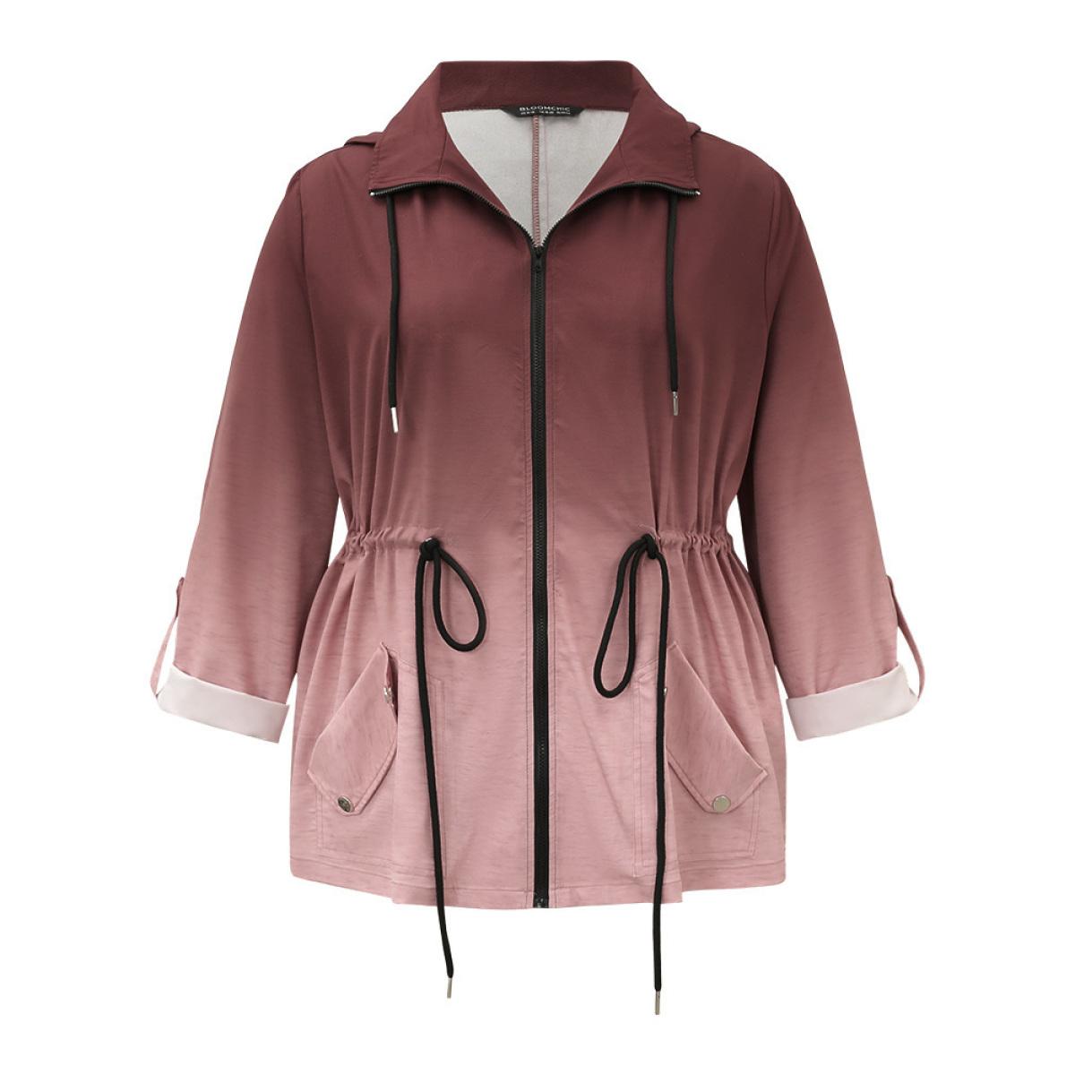 Plus Size Ombre Zipper Drawstring Pocket Tab Sleeve Jacket Women Scarlet Zipper Pocket Everyday Jackets BloomChic 14-16/1X Product Image