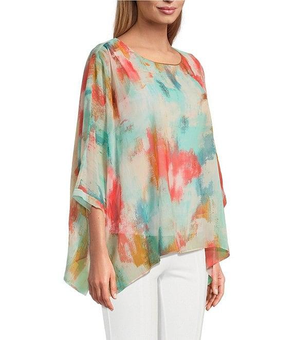 Slim Factor by Investments Abstract Haze Crew Neck 3/4 Dolman Sleeve Lined Blouse Product Image