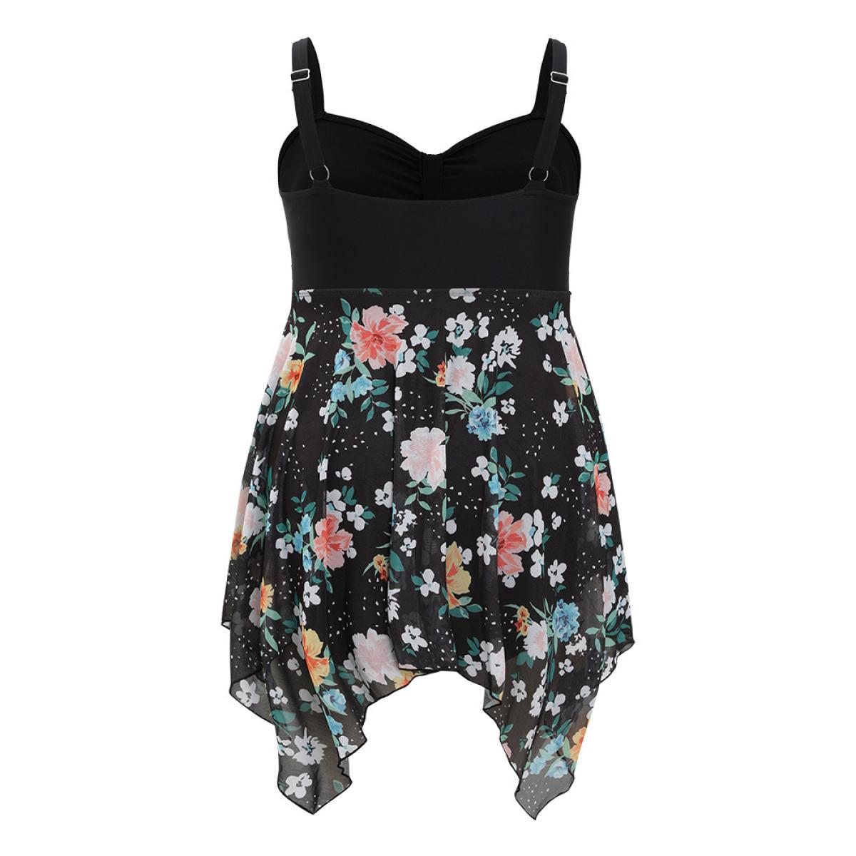 Plus Size Floral Patchwork Ruched Front Hanky Hem Swim Dress Women's Swimwear BlackFlower Vacation Bodycon High stretch Curve Swim Dresses BloomChic 10/M Product Image