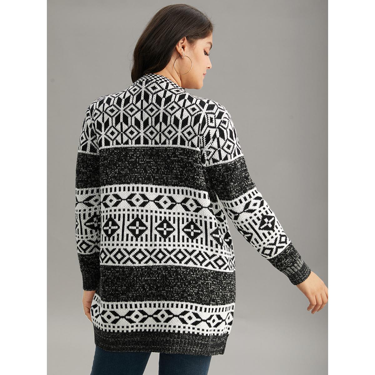 Plus Size Boho Print Heather Jacquard Cardigan Black Women Casual Loose Long Sleeve Dailywear Cardigans BloomChic 18-20/2X Product Image