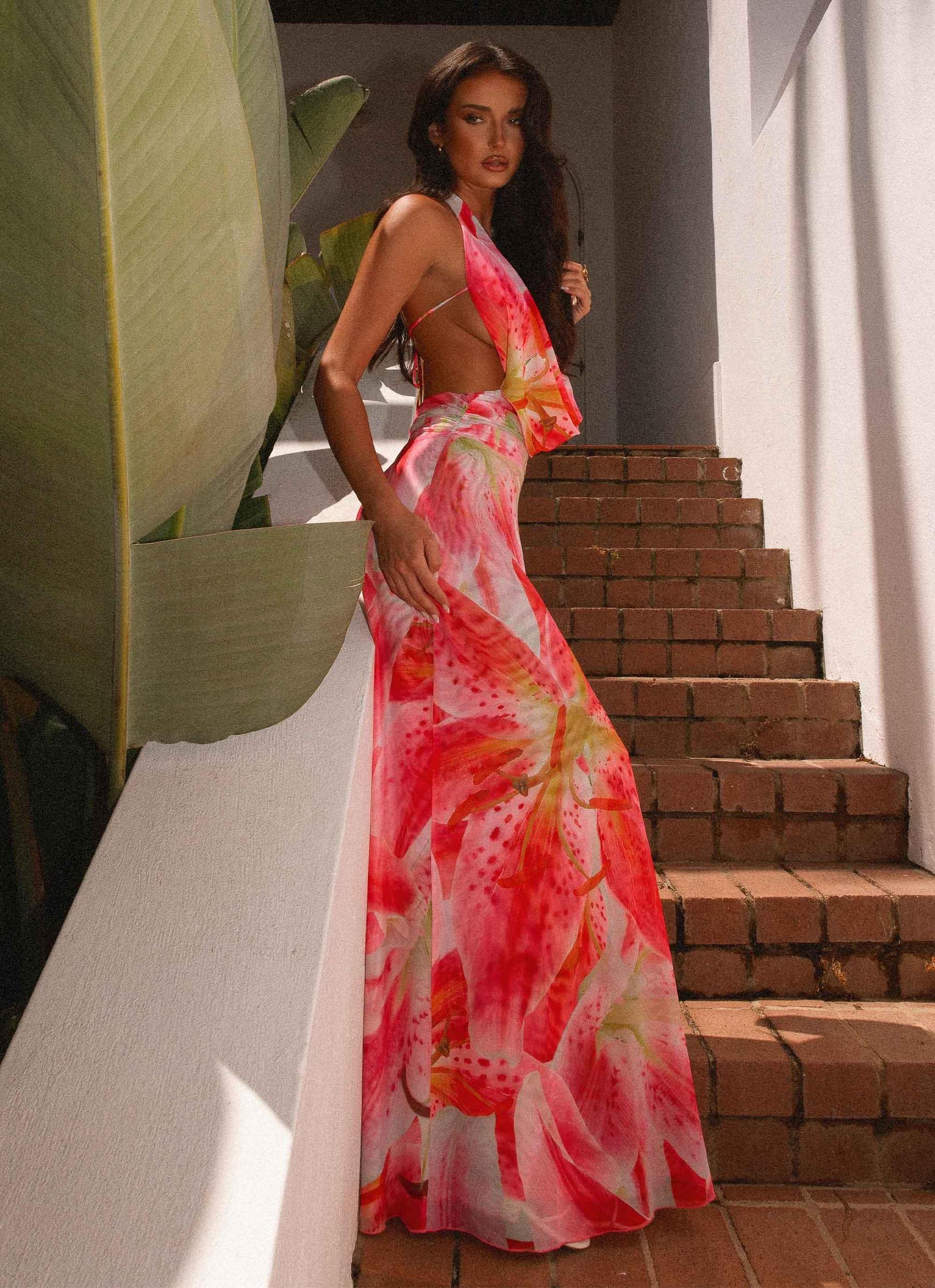 Elysia Mesh Maxi Dress - White Pink Lilly Product Image