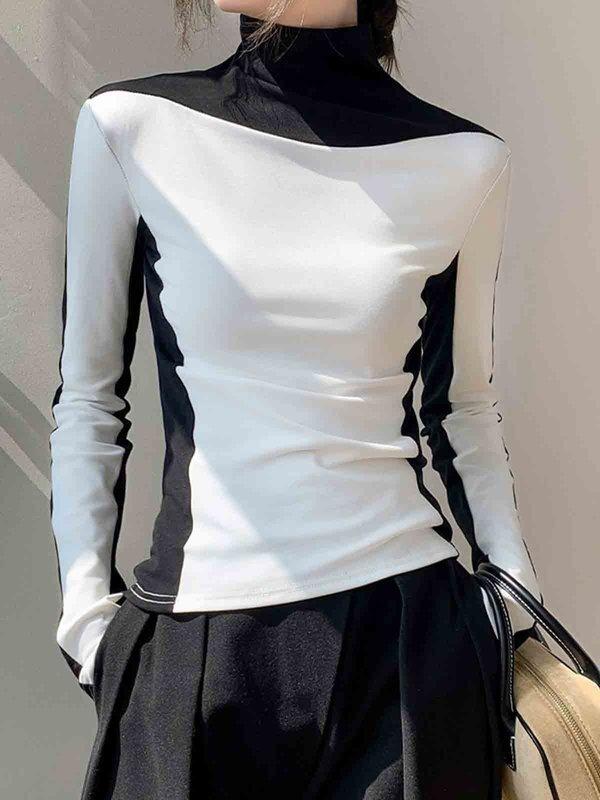 Long Sleeves Skinny Contrast Color Split-Joint High Neck T-Shirts Tops Product Image