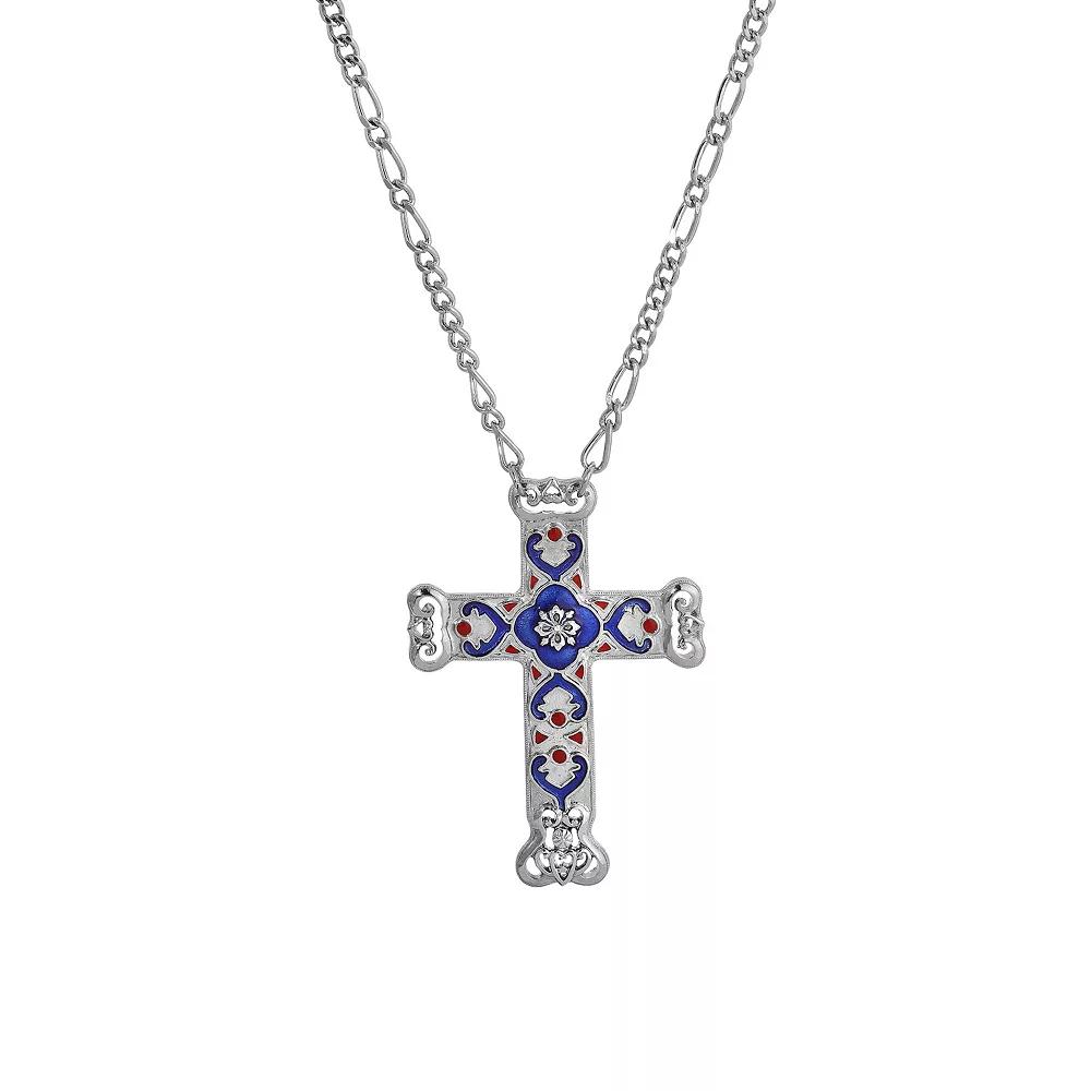 Symbols of Faith Enamel Blue & Red Cross Pendant Necklace, Womens, Silver Blue Product Image