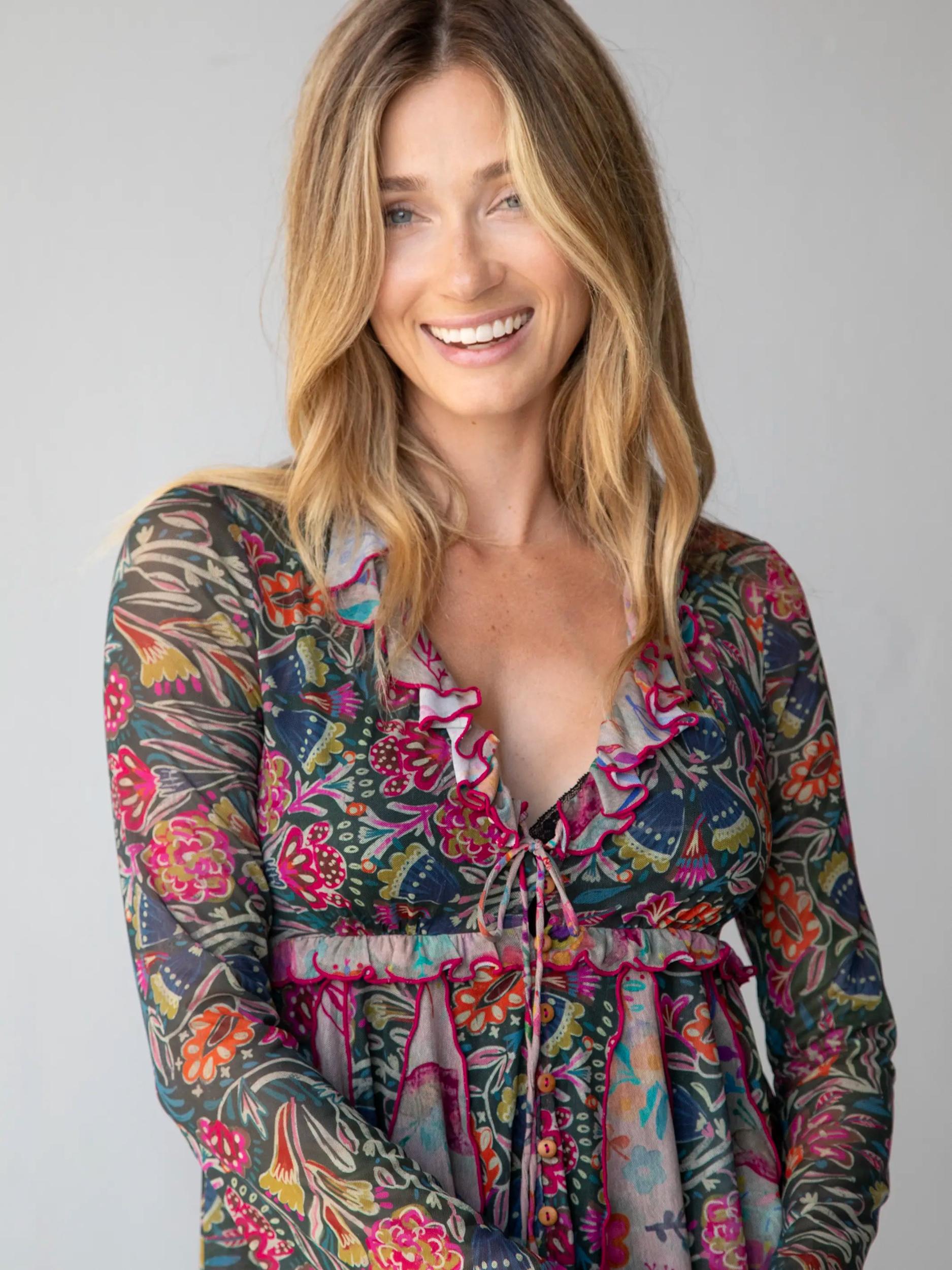 Sierra Ruffle Mesh Top - Green Painterly Vines Product Image