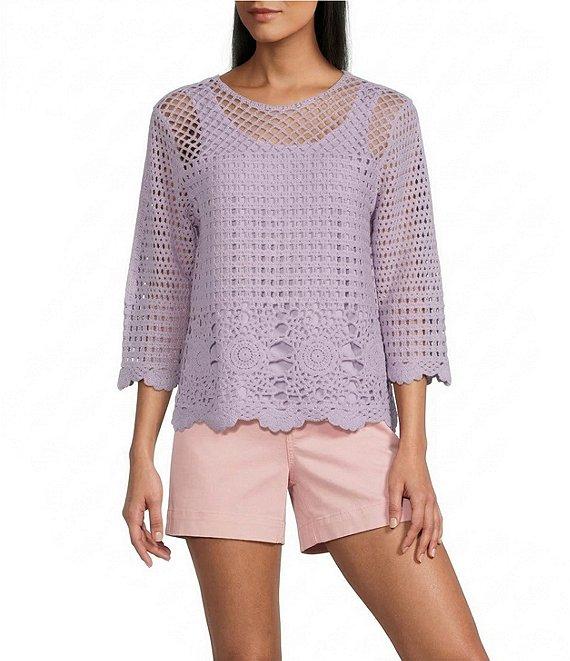 Westbound Petite Size 3/4 Sleeve Crochet Top Product Image