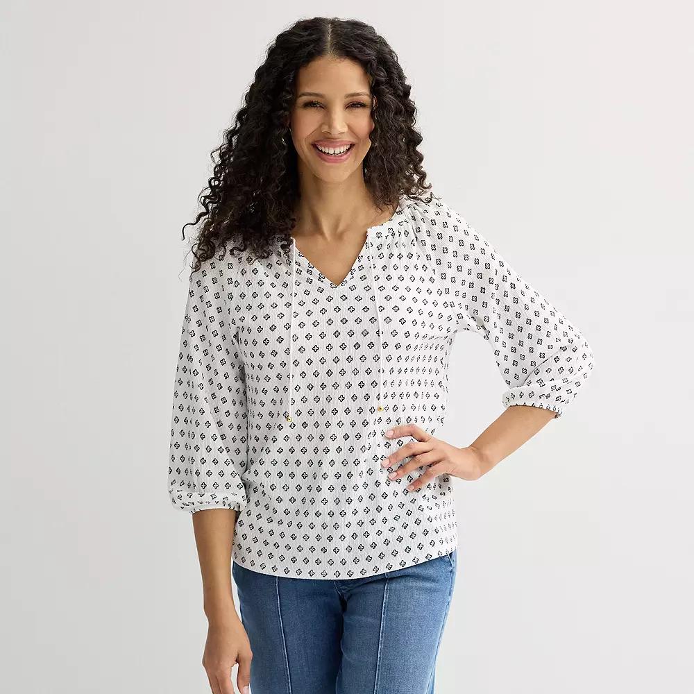 Women's Croft & Barrow® 3/4-Sleeve Peasant Top, Size: XXL, White Lattice Geo Product Image