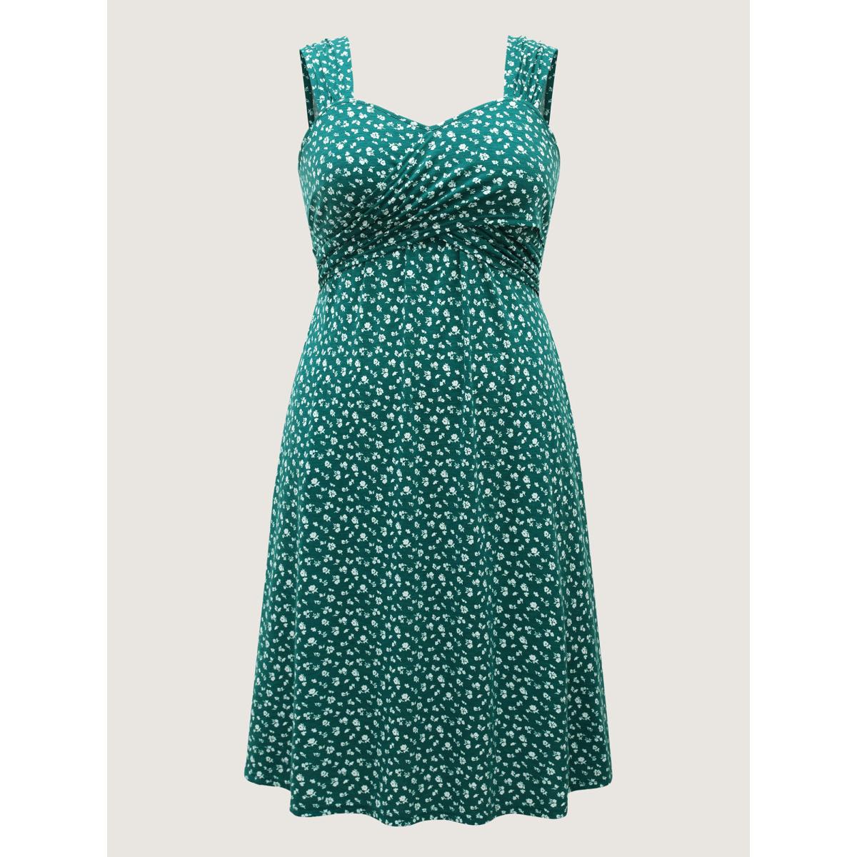 Plus Size Ditsy Floral Print Knit Pockets Midi Dress Emerald Women Leisure Heart neckline Sleeveless Curvy BloomChic 26/4X Product Image
