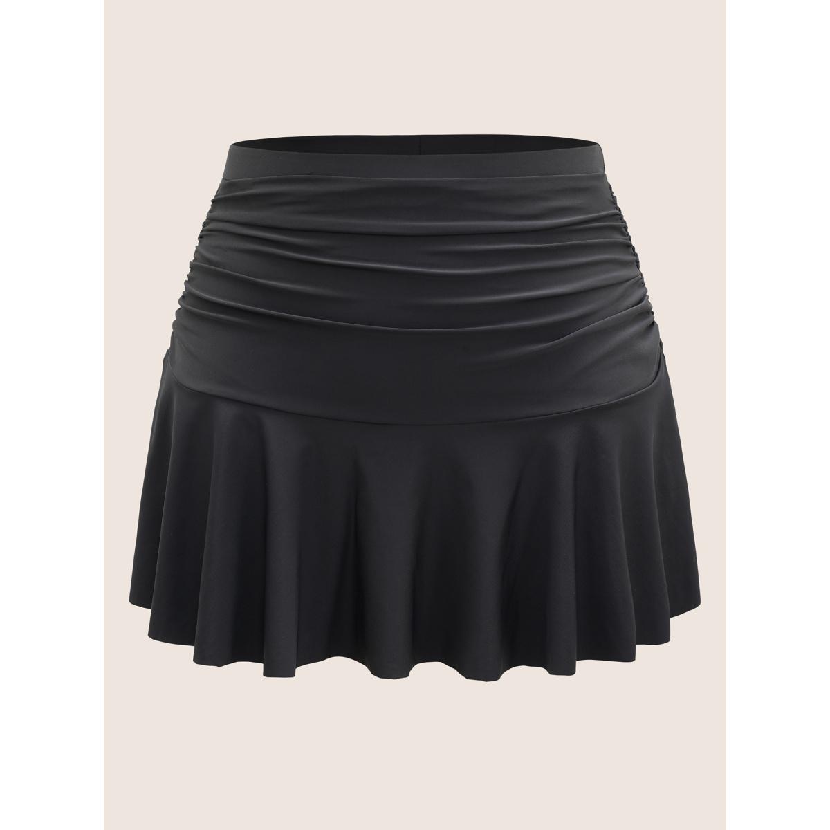 Plus Size Plain Ruched Elastic Waist Ruffle Hem Swim Bottom Women's Swimwear Black Beach Non High stretch Bodycon High Rise Curve Swim Bottoms BloomChic 14-16/1X Product Image
