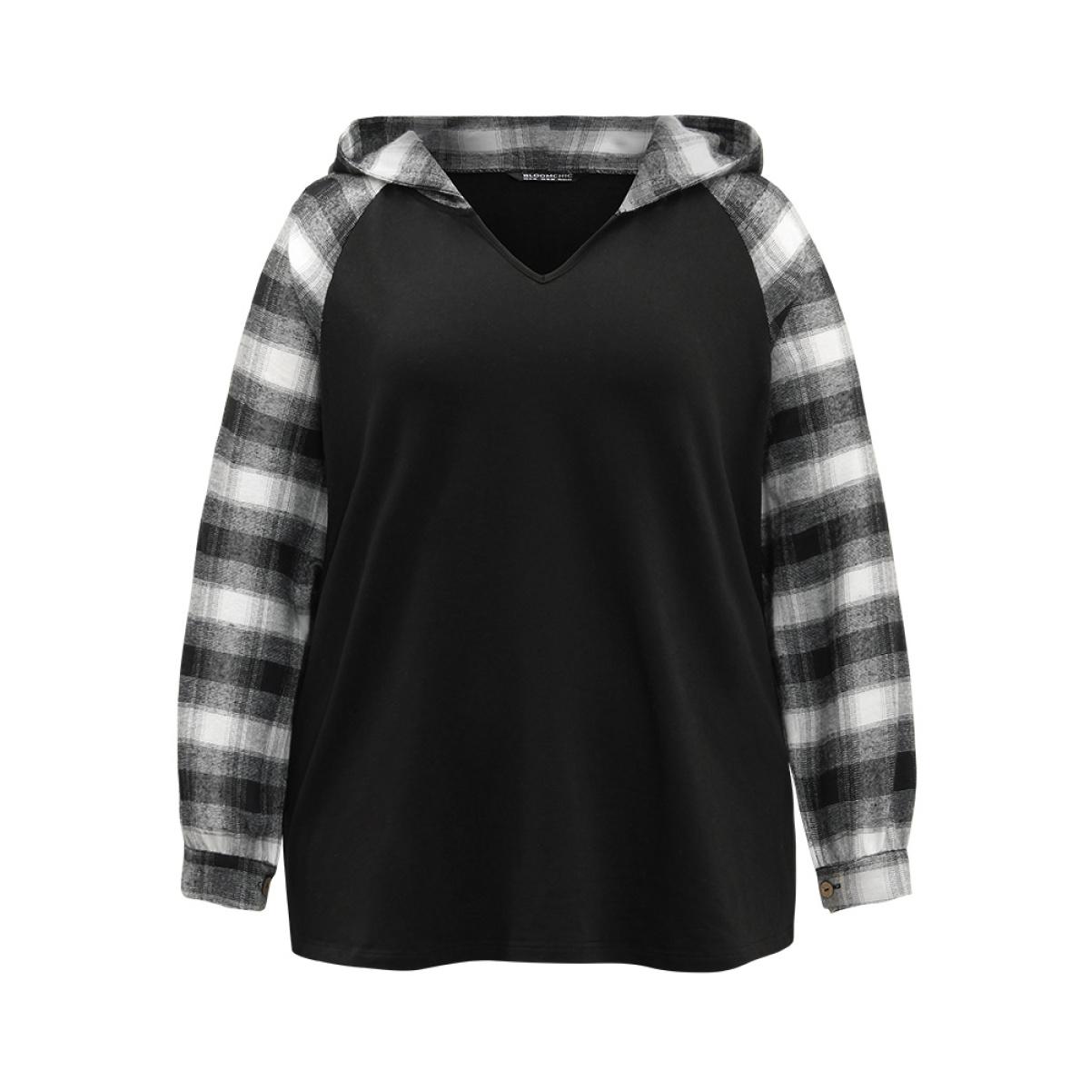 Plus Size Plaid Print Hooded Patchwork Sweatshirt Women Black Casual Patchwork Hooded Everyday Sweatshirts BloomChic 28/5X Product Image