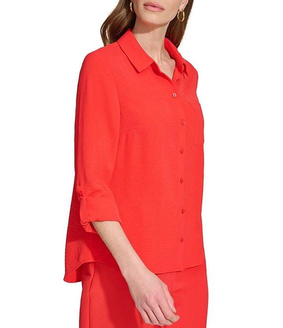 DKNY by Donna Karan Point Collar Roll Tab 3/4 Sleeve Button Down Shirt Product Image